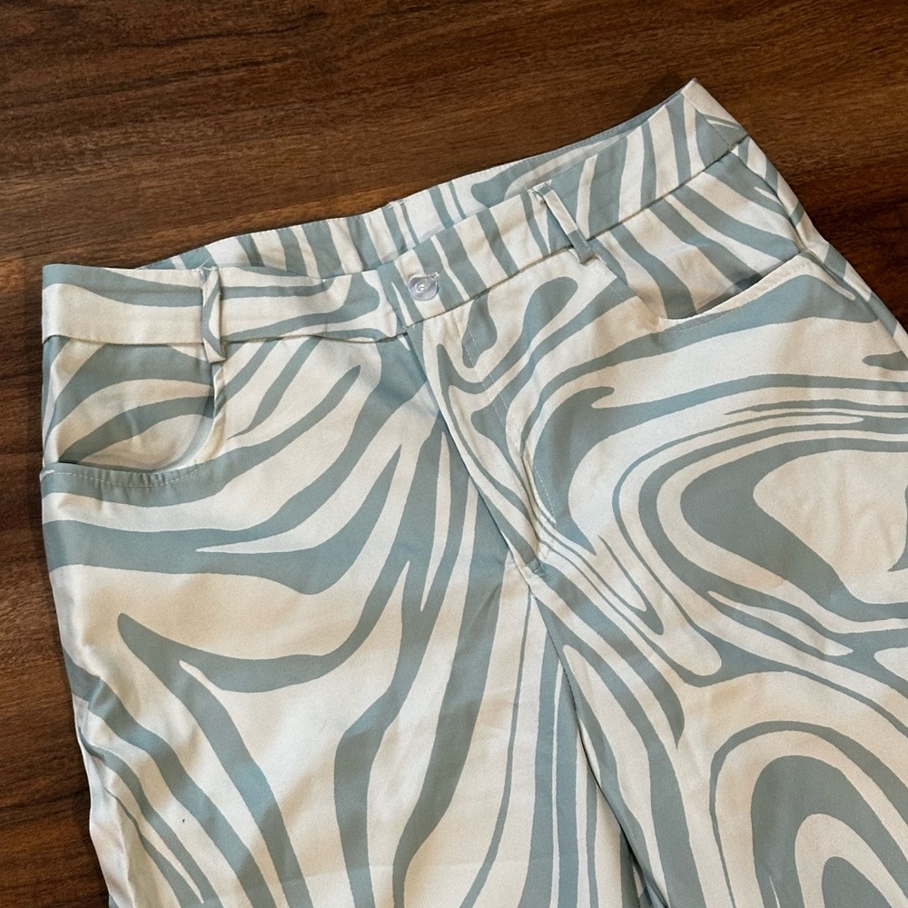 White and Light Blue/ Green Marble-Print Wide Leg Pants - Picture 2 of 4